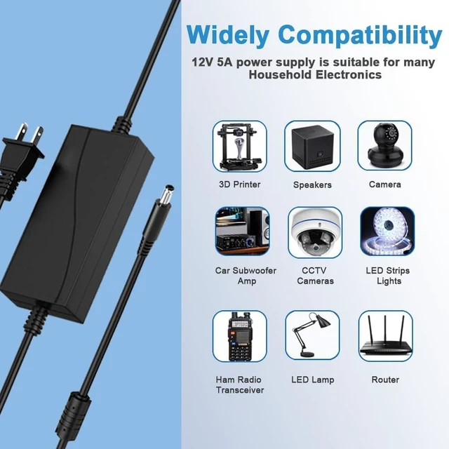Alt view image 3 of 7 - 12V 5A Power Supply Charger AC/DC Adapter 60W Switching Power Adapter with 1 DC Plug Fit for 3D Printer CCTV Camera Kids Children Electric Ride On Car