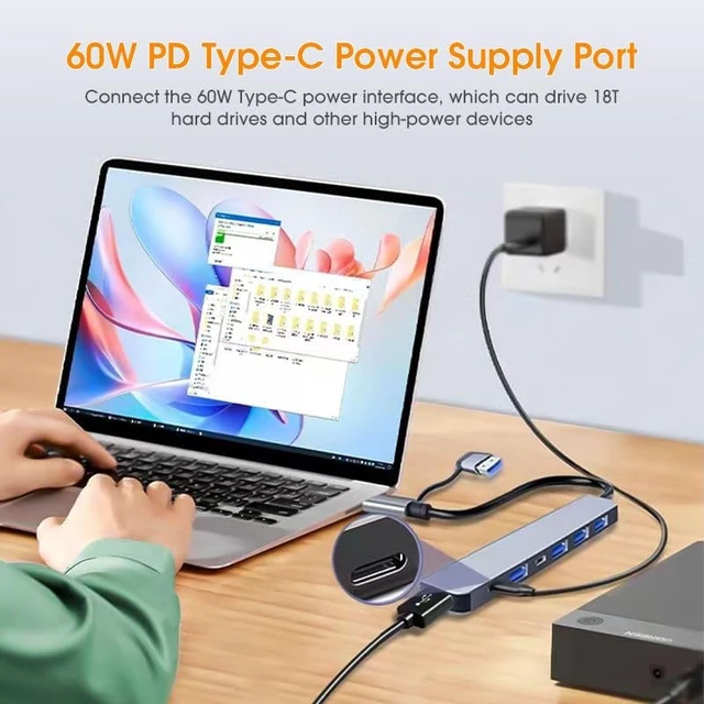 Alt view image 2 of 7 - USB Hub C 7-in-1 Multiport Adapter & USB Splitter Data Station Dual Input USB-C/USB 3.0 to High-Speed 3.0 & 4 USB 2.0 Ports Portable Aluminum Dongle for MacBook iPad Laptop PC
