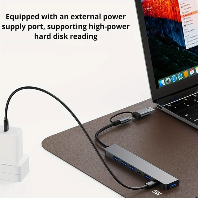 Alt view image 3 of 7 - USB Hub C 7-in-1 Multiport Adapter & USB Splitter Data Station Dual Input USB-C/USB 3.0 to High-Speed 3.0 & 4 USB 2.0 Ports Portable Aluminum Dongle for MacBook iPad Laptop PC