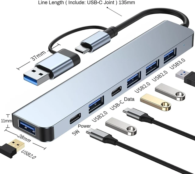 Alt view image 4 of 7 - USB Hub C 7-in-1 Multiport Adapter & USB Splitter Data Station Dual Input USB-C/USB 3.0 to High-Speed 3.0 & 4 USB 2.0 Ports Portable Aluminum Dongle for MacBook iPad Laptop PC