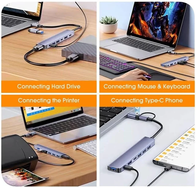 Alt view image 6 of 7 - USB Hub C 7-in-1 Multiport Adapter & USB Splitter Data Station Dual Input USB-C/USB 3.0 to High-Speed 3.0 & 4 USB 2.0 Ports Portable Aluminum Dongle for MacBook iPad Laptop PC