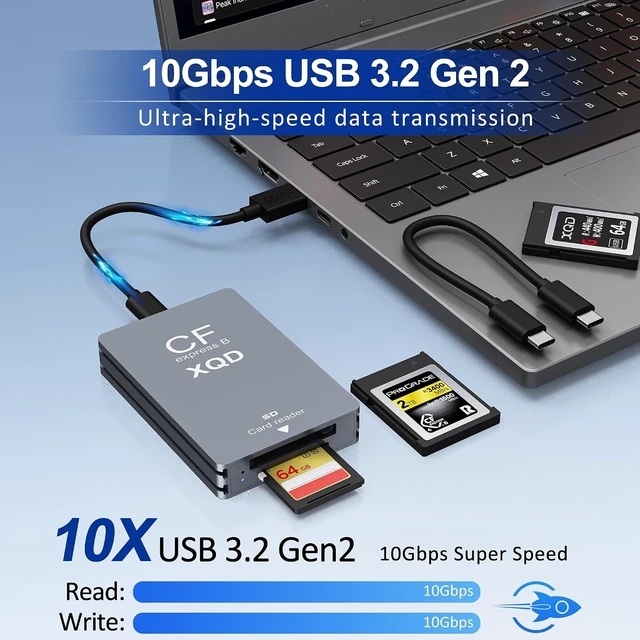 Alt view image 3 of 7 - CFexpress Type B/XQD/SD Card Reader 10Gbps USB3.2 Gen2 3-in-1 Aluminum CFexpress Type B Card Adapter SD/XQD Card Reader with USB C/USB-A Cable for Thunderbolt 3/4 for Photographers & Videographers