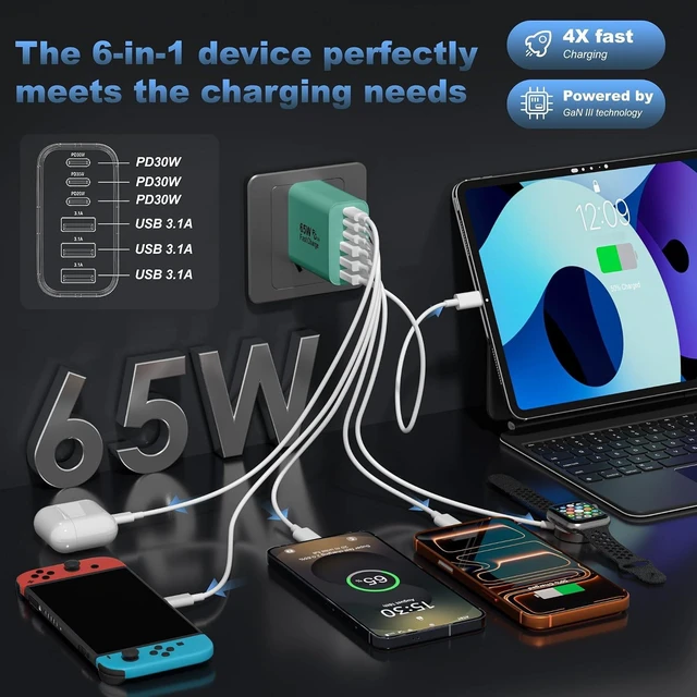 Alt view image 2 of 7 - 65W USB C Charger Block 6-Port Multi Device Fast Charger PD QC Wall Adapter