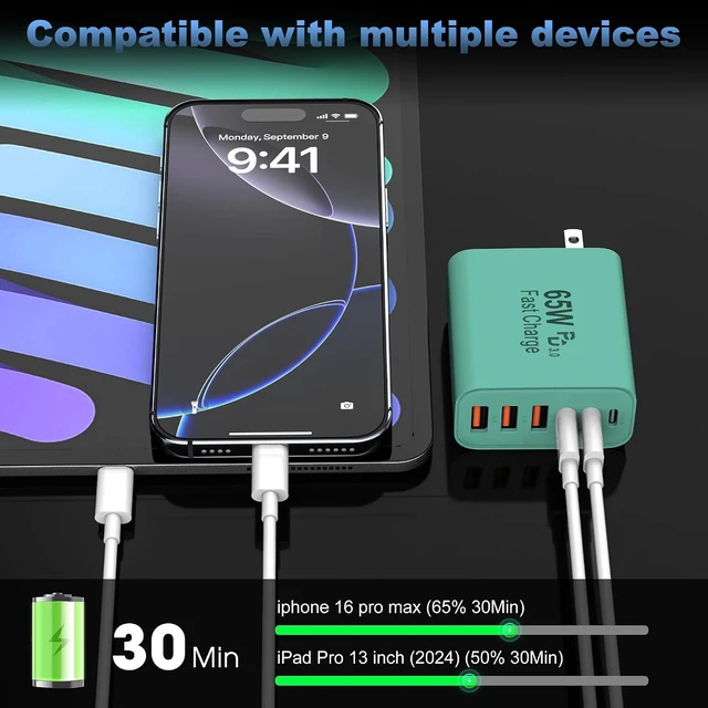 Alt view image 3 of 7 - 65W USB C Charger Block 6-Port Multi Device Fast Charger PD QC Wall Adapter