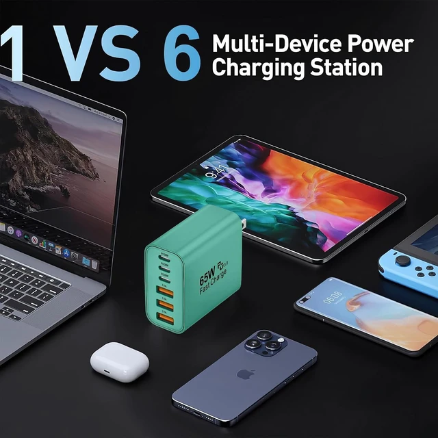 Alt view image 7 of 7 - 65W USB C Charger Block 6-Port Multi Device Fast Charger PD QC Wall Adapter