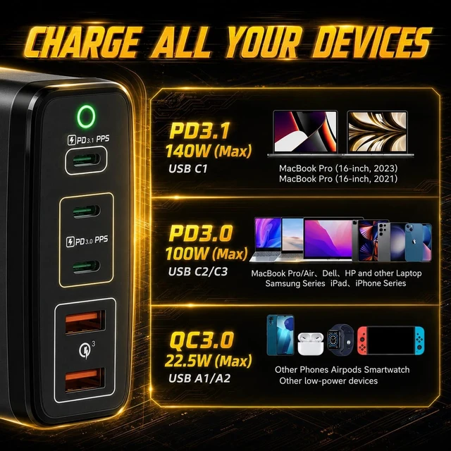 Alt view image 5 of 7 - 245W USB C Charger GaN Charging Station Desktop 5 Ports PD 140W MacBook Charger Fast Adapter Support PD3.1/PPS 45W /QC5 for MacBook Pro/Air Dell HP Lenovo Surface iPhone iPad Galaxy etc