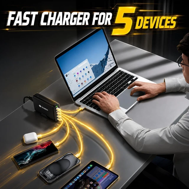 Alt view image 6 of 7 - 245W USB C Charger GaN Charging Station Desktop 5 Ports PD 140W MacBook Charger Fast Adapter Support PD3.1/PPS 45W /QC5 for MacBook Pro/Air Dell HP Lenovo Surface iPhone iPad Galaxy etc