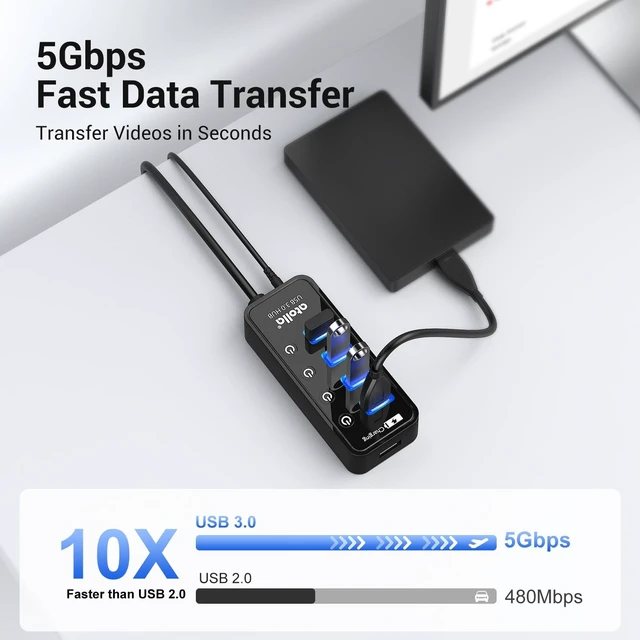 Alt view image 2 of 7 - Atolla 4-Port USB 3.0 Hub with 4 Data Ports 1 Smart Charging Port Individual On/Off Switches and 5V/3A Adapter