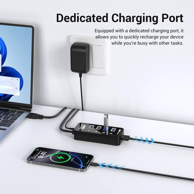 Alt view image 3 of 7 - Atolla 4-Port USB 3.0 Hub with 4 Data Ports 1 Smart Charging Port Individual On/Off Switches and 5V/3A Adapter