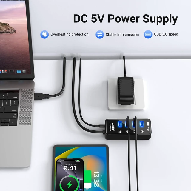 Alt view image 4 of 7 - Atolla 4-Port USB 3.0 Hub with 4 Data Ports 1 Smart Charging Port Individual On/Off Switches and 5V/3A Adapter