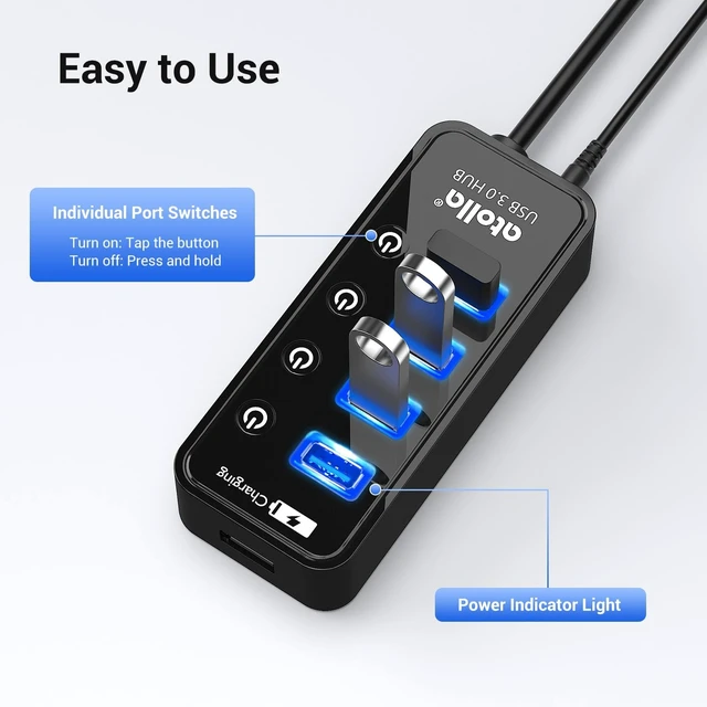 Alt view image 5 of 7 - Atolla 4-Port USB 3.0 Hub with 4 Data Ports 1 Smart Charging Port Individual On/Off Switches and 5V/3A Adapter