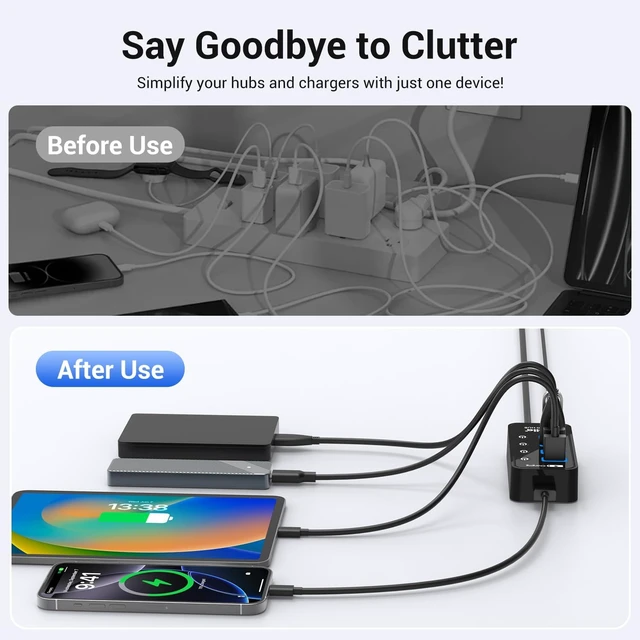 Alt view image 7 of 7 - Atolla 4-Port USB 3.0 Hub with 4 Data Ports 1 Smart Charging Port Individual On/Off Switches and 5V/3A Adapter
