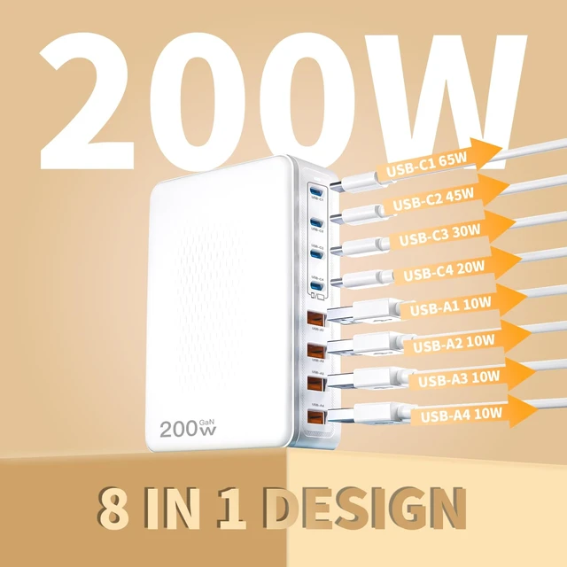 Alt view image 2 of 7 - USB C Charger Block 200W TypeC Charger Fast Charging 8Port Charging Station