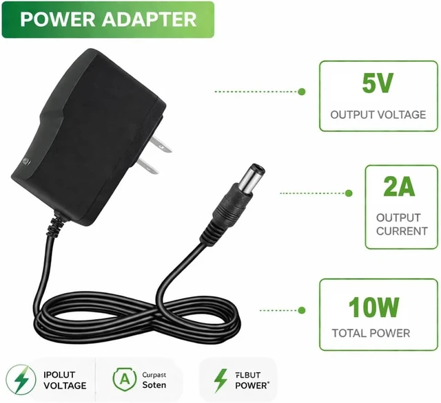 Alt view image 2 of 7 - 5V DC Power Supply 2A Wall AC Adapter 100-240V 50-60Hz to DC 5 Volt 2 Amp Power Adapter Cord with 5.5x2.5mm Plug for TV Box LED Strip Lights Speaker Camera Router