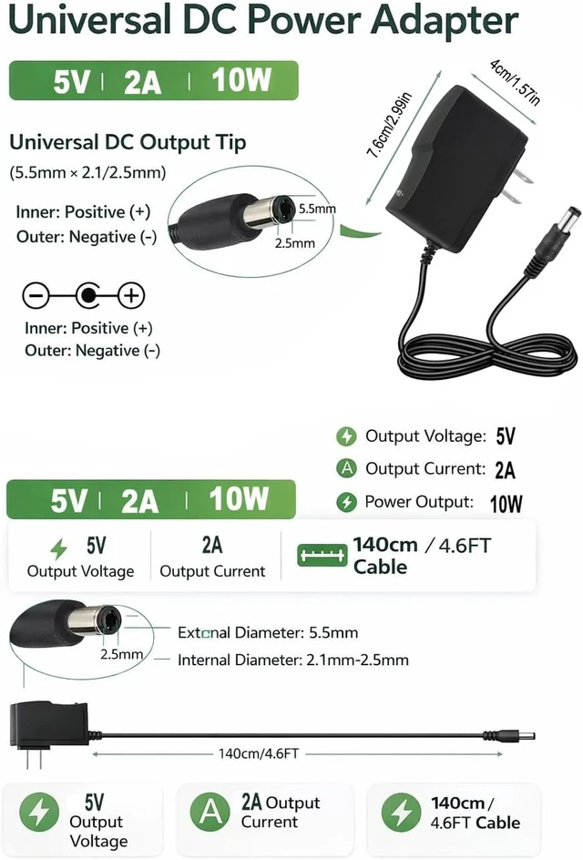 Alt view image 4 of 7 - 5V DC Power Supply 2A Wall AC Adapter 100-240V 50-60Hz to DC 5 Volt 2 Amp Power Adapter Cord with 5.5x2.5mm Plug for TV Box LED Strip Lights Speaker Camera Router