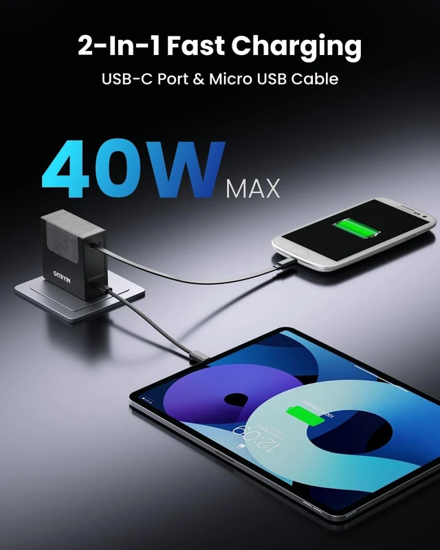 Alt view image 3 of 7 - 40W GaN Retractable USB Wall Charger 33.5in Micro Cable 1 USB C