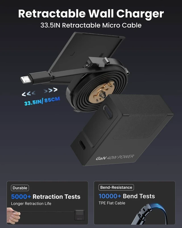 Alt view image 4 of 7 - 40W GaN Retractable USB Wall Charger 33.5in Micro Cable 1 USB C