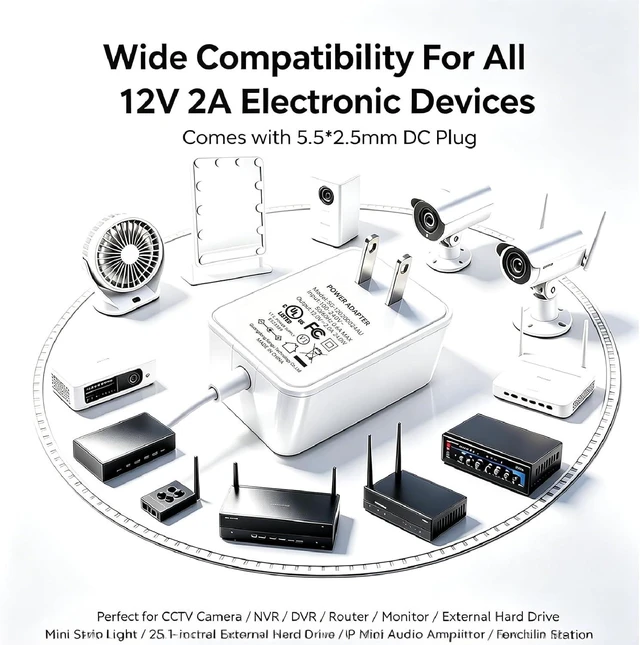 Alt view image 7 of 7 - White 12V 2A 24W AC DC Adapter 5.5mm x 2.1mm / 2.5mm DC Plug UL Listed