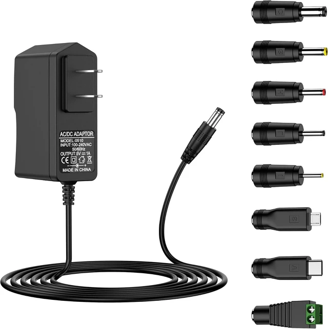Main image of 5V 1A DC Power Supply Adapter 5W AC/DC Charger AC 100V-240V to DC 5 Volt 1Amp 0.5A Replacement Power Cord for LED Strip Light Security Camera Baby Monitor TV Box Raspberry Pi USB Hub with 8 Tips
