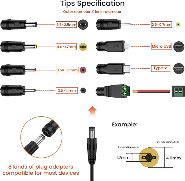 Alt view image 2 of 6 - 5V 1A DC Power Supply Adapter 5W AC/DC Charger AC 100V-240V to DC 5 Volt 1Amp 0.5A Replacement Power Cord for LED Strip Light Security Camera Baby Monitor TV Box Raspberry Pi USB Hub with 8 Tips
