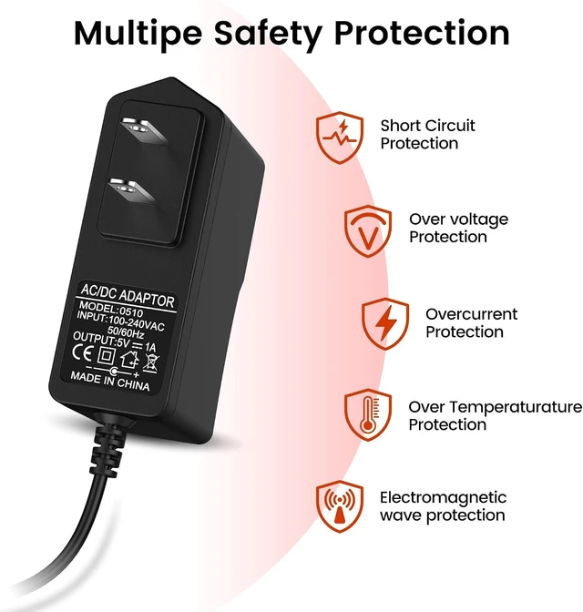 Alt view image 5 of 6 - 5V 1A DC Power Supply Adapter 5W AC/DC Charger AC 100V-240V to DC 5 Volt 1Amp 0.5A Replacement Power Cord for LED Strip Light Security Camera Baby Monitor TV Box Raspberry Pi USB Hub with 8 Tips