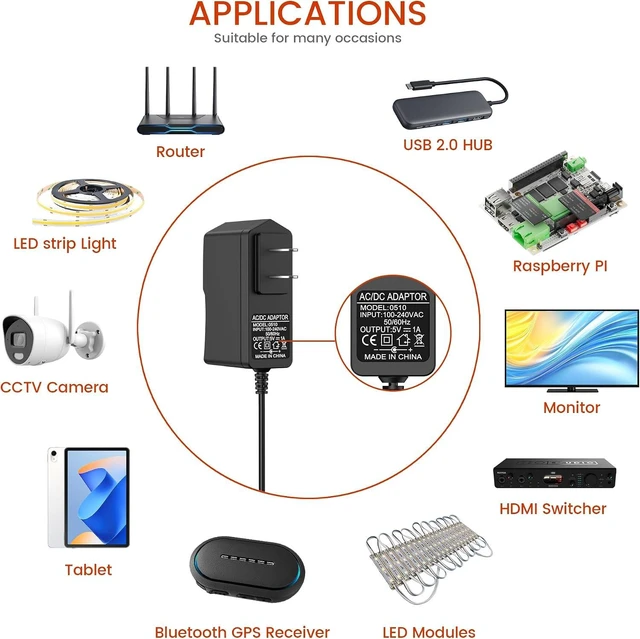 Alt view image 6 of 6 - 5V 1A DC Power Supply Adapter 5W AC/DC Charger AC 100V-240V to DC 5 Volt 1Amp 0.5A Replacement Power Cord for LED Strip Light Security Camera Baby Monitor TV Box Raspberry Pi USB Hub with 8 Tips