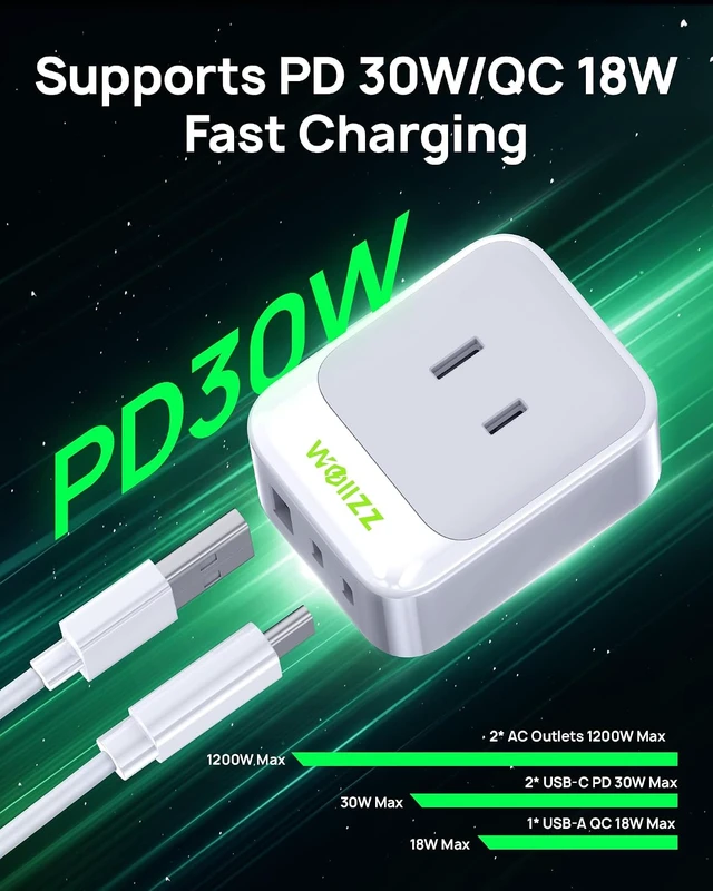 Alt view image 3 of 7 - 5-in-1 Wall Outlet Extender with 5 Ports 2 AC 2 USB-C 1 USB-A