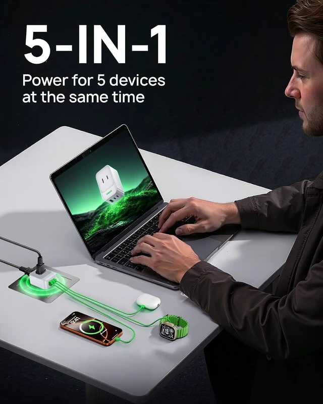 Alt view image 4 of 7 - 5-in-1 Wall Outlet Extender with 5 Ports 2 AC 2 USB-C 1 USB-A