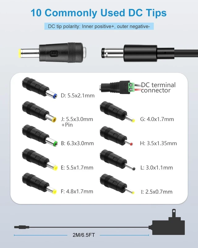 Alt view image 4 of 7 - Upgrade 9V DC Power Supply GaN 2A 18W AC DC Adapter 9V Power Supply Cord 2Amp 1500mA 1A 800mA 500mA with 10Tips & Polarity Reverse Cable for Guitar Pedal LED Light Strip Label Maker Uno R4 R3