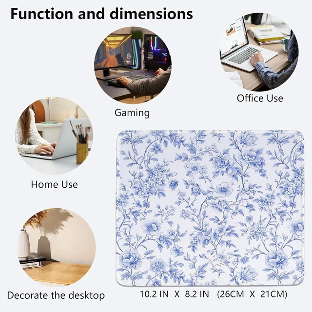 Alt view image 4 of 6 - Light Blue Chinoiserie Mouse Pad Blue and White Floral Desk Mat Girly Preppy Floral Mouse Pad for Dorm Home Office Desktop Decor 10.2x8.2 Inch