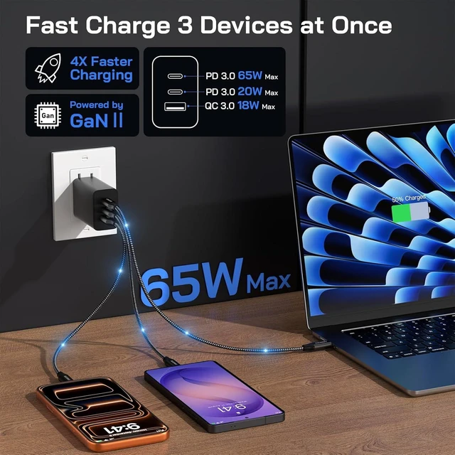 Alt view image 3 of 7 - 65W Super Fast Charger Type C 3-Port USB C Fast Charger PPS/PD/QC Block