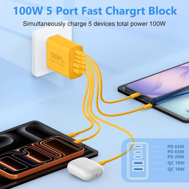 Alt view image 3 of 7 - USB C Wall Fast Charger Block 100W 5-Port Type C Fast Charging Block