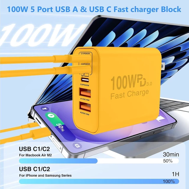 Alt view image 2 of 7 - USB C Wall Fast Charger Block 100W 5-Port Type C Fast Charging Block