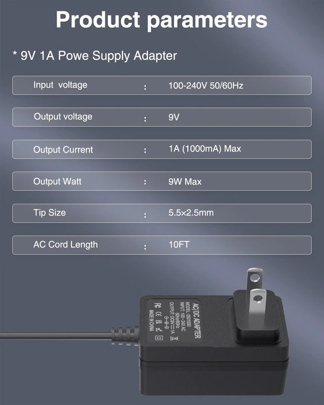 Alt view image 2 of 5 - 9V AC Adapter 9Volt 1Amp DC Power Supply 100-240V 50/60Hz to DC 9V Power Cord 10FT 5.5x2.5mm Plug with1 Reverse Polarity Converter Cable Compatible with Electronic Devices Below 1A 9W