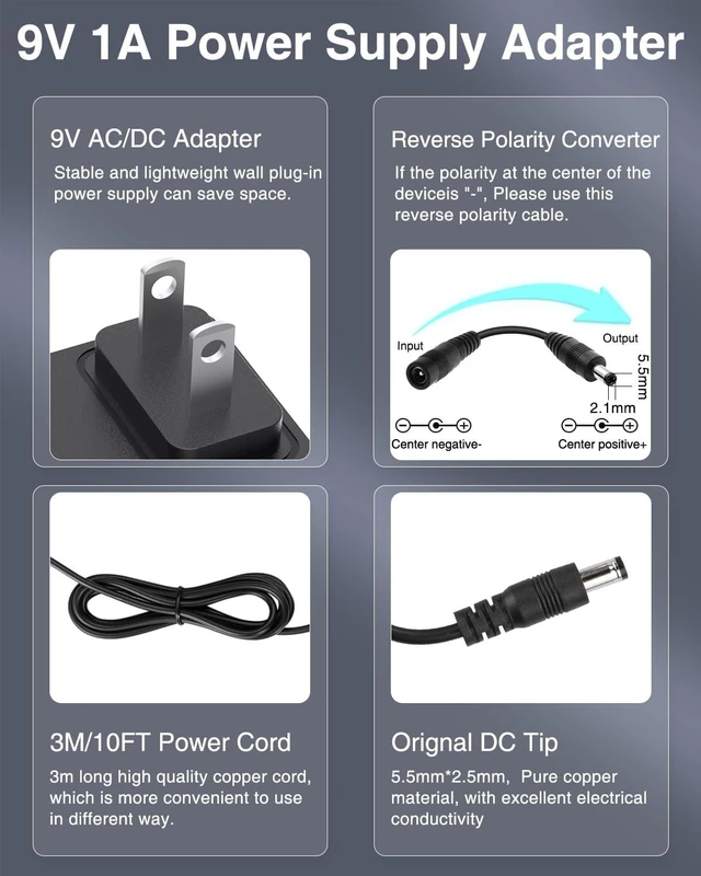 Alt view image 3 of 5 - 9V AC Adapter 9Volt 1Amp DC Power Supply 100-240V 50/60Hz to DC 9V Power Cord 10FT 5.5x2.5mm Plug with1 Reverse Polarity Converter Cable Compatible with Electronic Devices Below 1A 9W