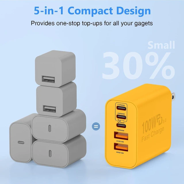 Alt view image 5 of 7 - USB C Wall Fast Charger Block 100W 5-Port Type C Fast Charging Block