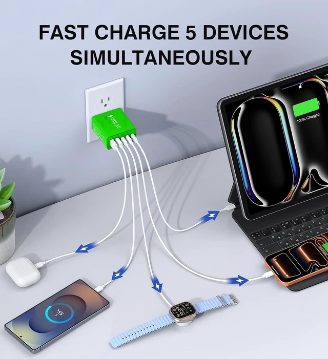 Alt view image 3 of 7 - 2 Pack 60W USB C Fast Charger Block 5-Port Type C Wall Charger Brick 2 USB A & 3 USB C PD3.0 Power Adapter Multiport Charging Plug Box for iPhone 13/14/15/16/17 Pad Mini/Pro Cellphones(Green)