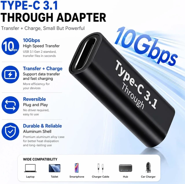 Alt view image 3 of 6 - USB C Female-to-Female Adapter(2 pcs) Supports Fast Charging and Data Transfer Extension up to 10GBbps Rate