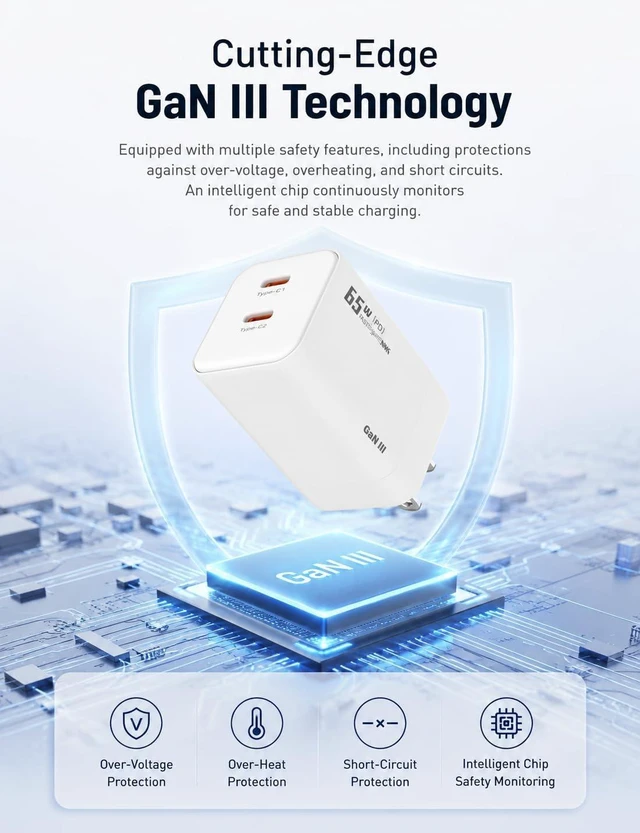Alt view image 7 of 7 - 2-Pack Compact 65W GaN Charger Block with Dual USB C Ports & Foldable Plug