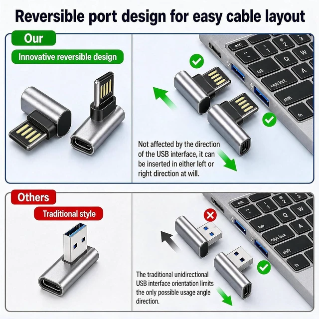 Alt view image 2 of 7 - 90 Degree USB C Female to USB Male Adapter 2 Pack Double Sided Insertion USB Converter Support Charge & Data Sync for PC Laptop Desktop Phones Charger Mouse Keyboard