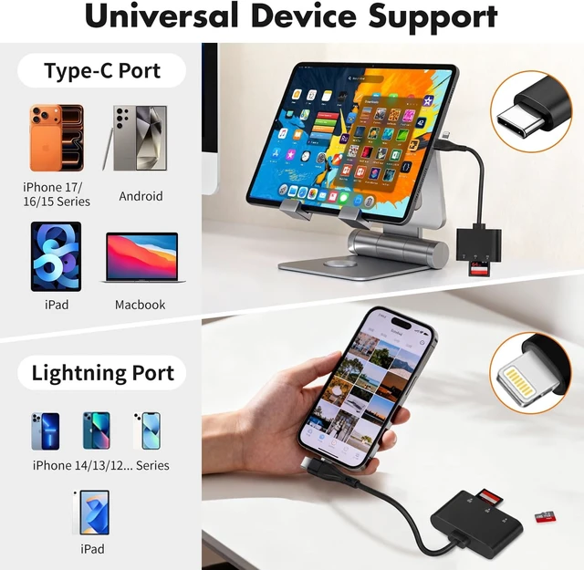 Alt view image 3 of 7 - XD Card Reader 3 in 1 SD/TF/XD Card Adapter USB-C & Lightning