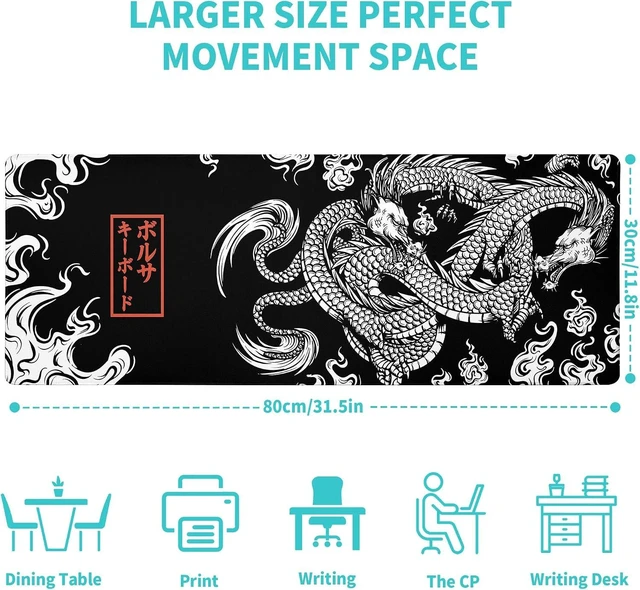 Alt view image 2 of 7 - Black and White Mouse Pad Extra Large Gaming Mousepad Dragon Desk Mats Japanese Full Keyboard Mat Computer Pad Desk Mat with Stitched Edges Non-Slip Desktop 31.5 x11.8 in