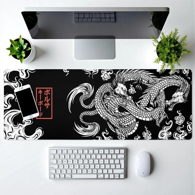 Alt view image 3 of 7 - Black and White Mouse Pad Extra Large Gaming Mousepad Dragon Desk Mats Japanese Full Keyboard Mat Computer Pad Desk Mat with Stitched Edges Non-Slip Desktop 31.5 x11.8 in