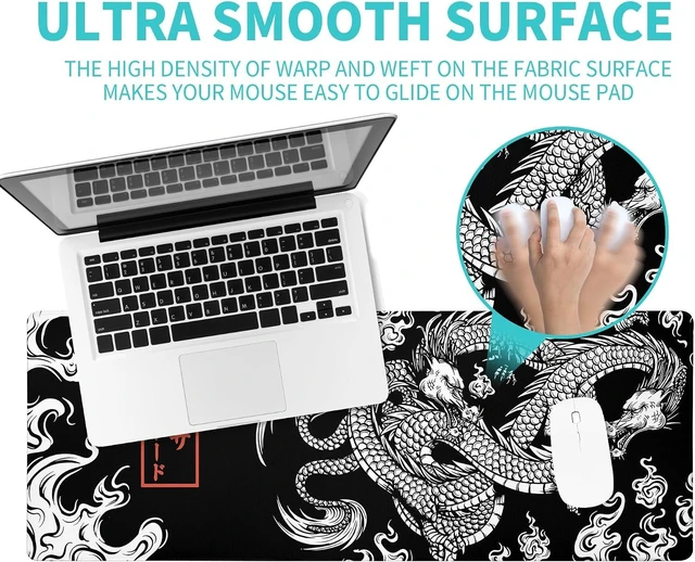 Alt view image 6 of 7 - Black and White Mouse Pad Extra Large Gaming Mousepad Dragon Desk Mats Japanese Full Keyboard Mat Computer Pad Desk Mat with Stitched Edges Non-Slip Desktop 31.5 x11.8 in