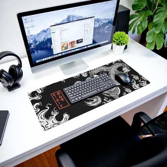 Alt view image 7 of 7 - Black and White Mouse Pad Extra Large Gaming Mousepad Dragon Desk Mats Japanese Full Keyboard Mat Computer Pad Desk Mat with Stitched Edges Non-Slip Desktop 31.5 x11.8 in