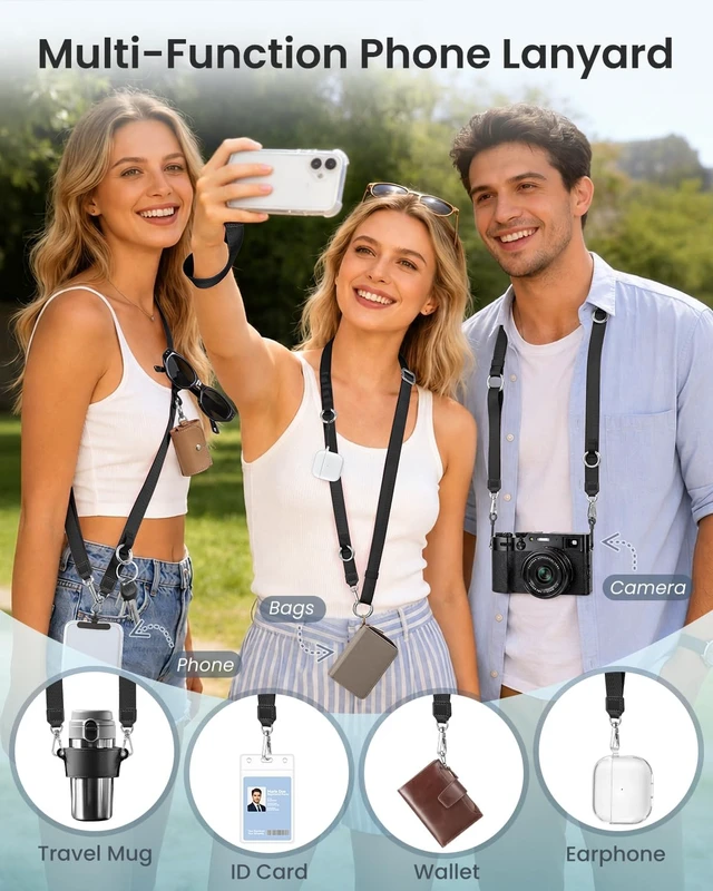 Alt view image 5 of 7 - Phone Lanyard Crossbody Strap 3-in-1 Cell Phone Lanyard for Around The Neck with Detachable Wrist Strap Adjustable Hands-Free Teacher Lanyards for Women Men Travel Daily Cycling Black