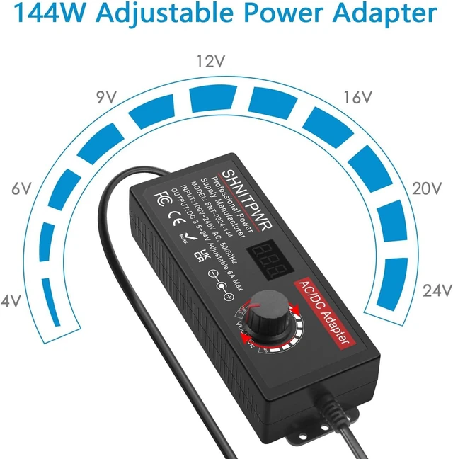 Alt view image 2 of 7 - 144W Adjustable Power Supply DC 4V-24V 6A Variable Universal AC/DC Adapter with LED Display 16-in-1 Tips Alligator Clips 4-Way Splitter Polarity Converter for LED Strip CCTV Camera Radio