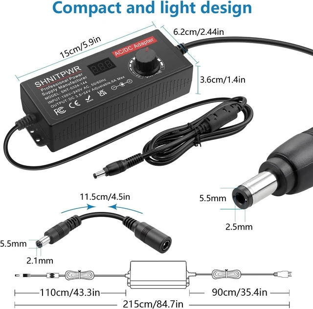 Alt view image 5 of 7 - 144W Adjustable Power Supply DC 4V-24V 6A Variable Universal AC/DC Adapter with LED Display 16-in-1 Tips Alligator Clips 4-Way Splitter Polarity Converter for LED Strip CCTV Camera Radio