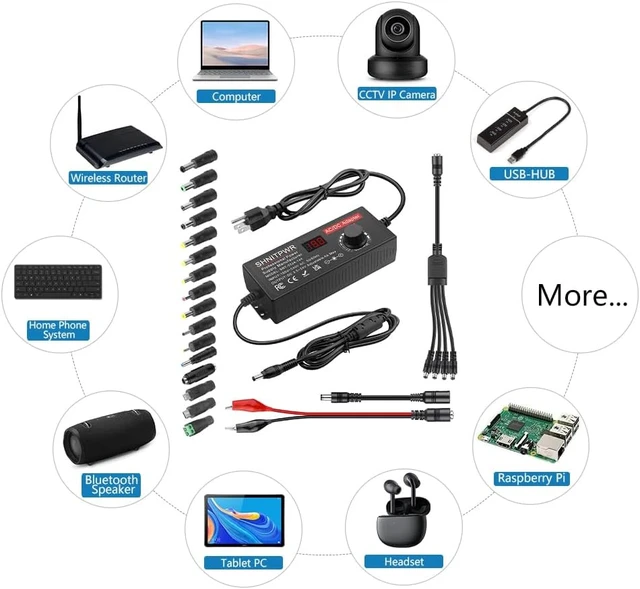 Alt view image 7 of 7 - 144W Adjustable Power Supply DC 4V-24V 6A Variable Universal AC/DC Adapter with LED Display 16-in-1 Tips Alligator Clips 4-Way Splitter Polarity Converter for LED Strip CCTV Camera Radio