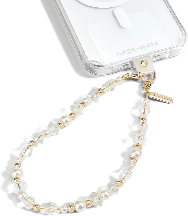 Main image of Phone Charm Wrist Strap w/Pearls & Crystals - Crystal Pearl Gold
